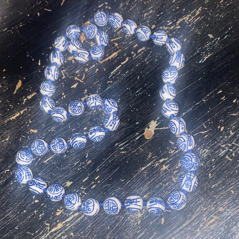Chinoiserie Hand Painted Porcelain Blue and White Beaded Necklace